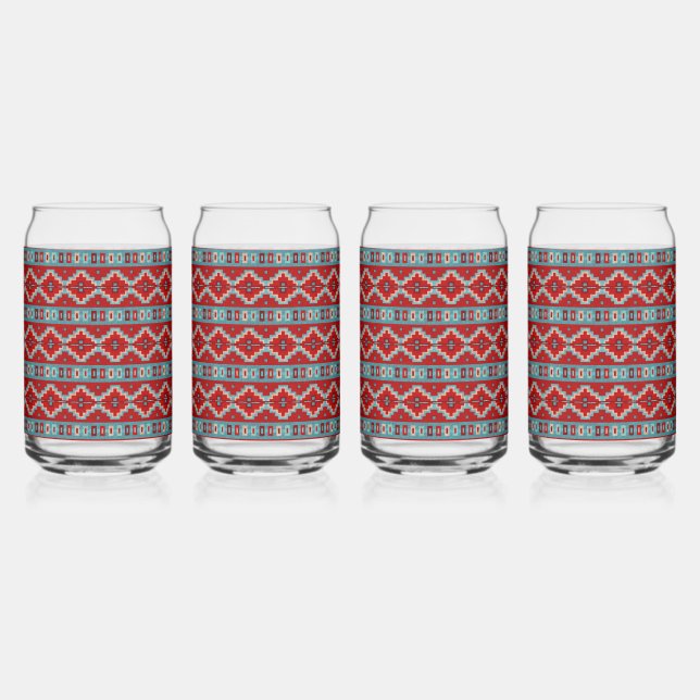 Southwest Mesas Red & Turquoise Geometric Pattern Can Glass (Left)