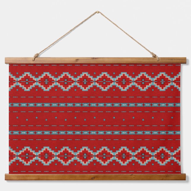 Southwest Mesas Red & Turquoise Geometric Pattern Hanging Tapestry (Front)