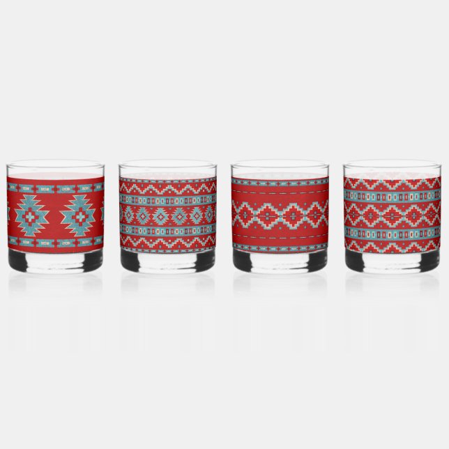 Southwest Mesas Turquoise & Red Assorted Set Whiskey Glass (Front)