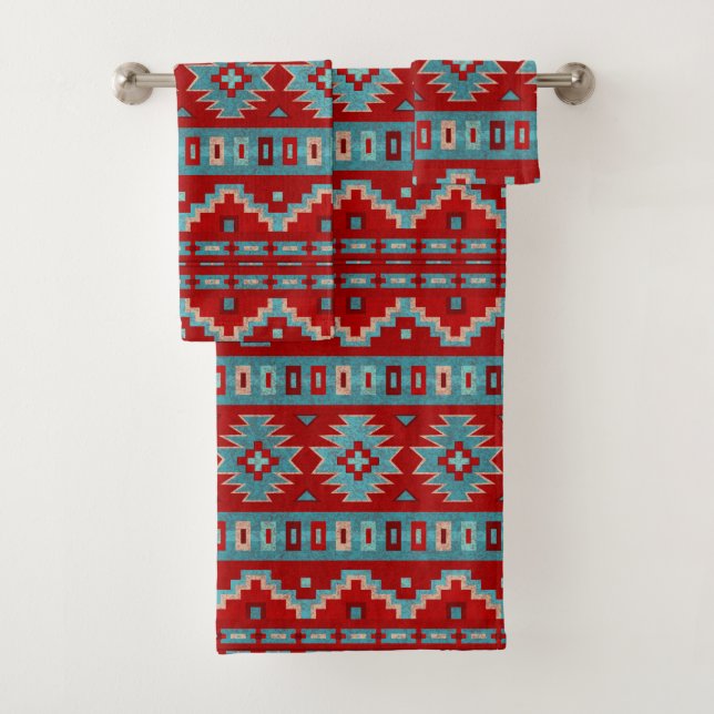 Southwest Mesas Turquoise & Red Bath Towel Set (Insitu)