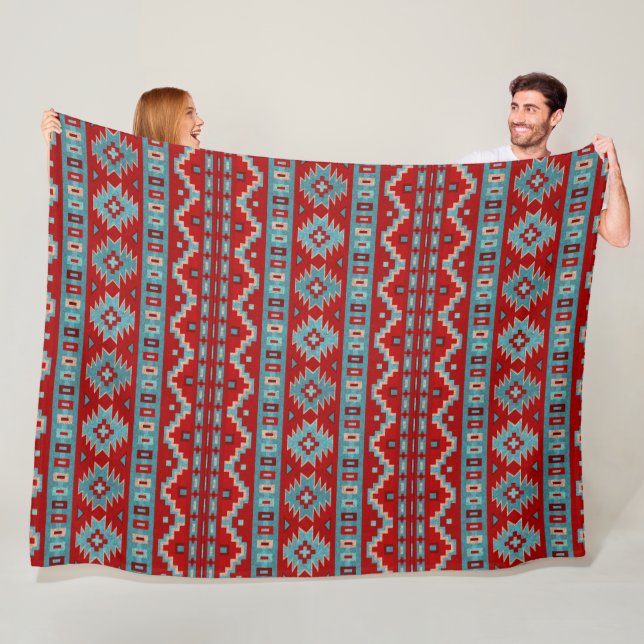 Southwest Mesas Turquoise & Red Geometric Pattern Fleece Blanket (In Situ)