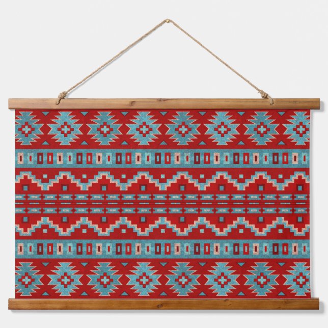Southwest Mesas Turquoise & Red Geometric Pattern Hanging Tapestry (Front)