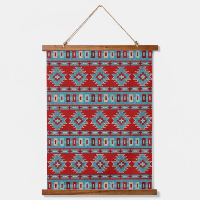 Southwest Mesas Turquoise & Red Geometric Pattern Hanging Tapestry (Front)