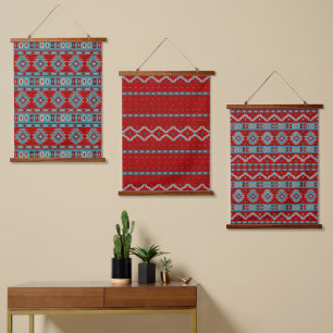 Southwest Mesas Turquoise & Red Geometric Pattern Hanging Tapestry
