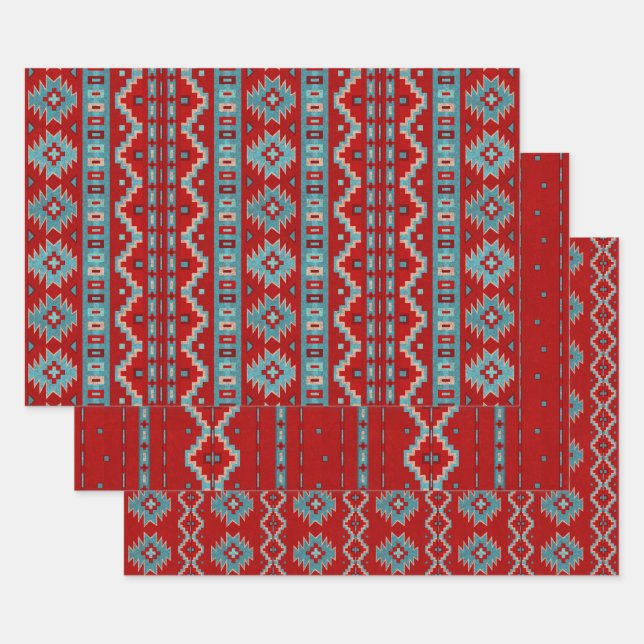 Southwest Mesas Turquoise & Red Geometric Patterns Wrapping Paper Sheet (Set)