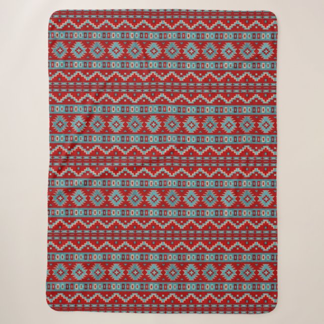 Southwest Mesas Turquoise & Red Large Sherpa Blanket (Front)