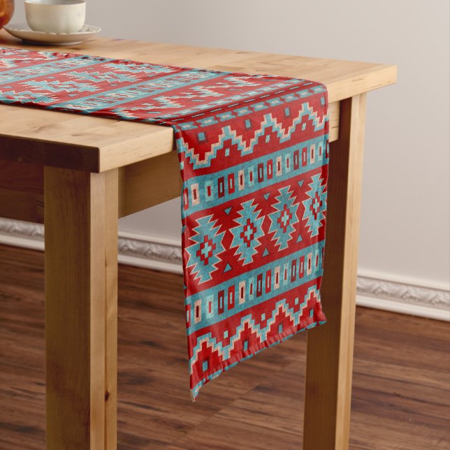 Southwest Mesas Turquoise & Red Short Table Runner (In Situ)