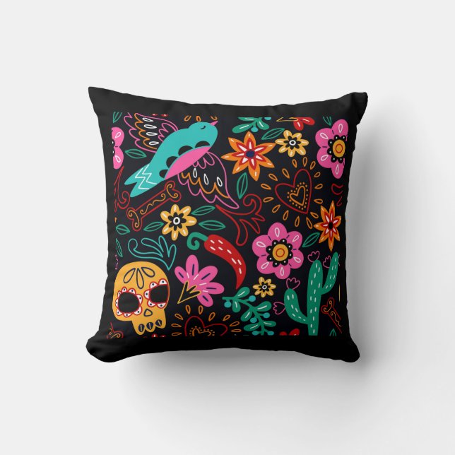 Southwest, Mexican Peppers, Day of the dead Throw Pillow (Front)
