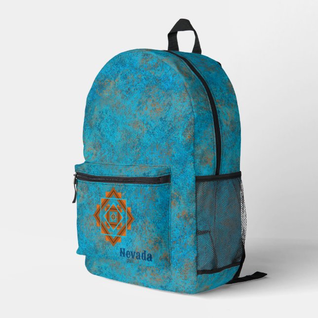 Southwest Mountain Peaks Personalized Turquoise  Printed Backpack (Back Corner Right)