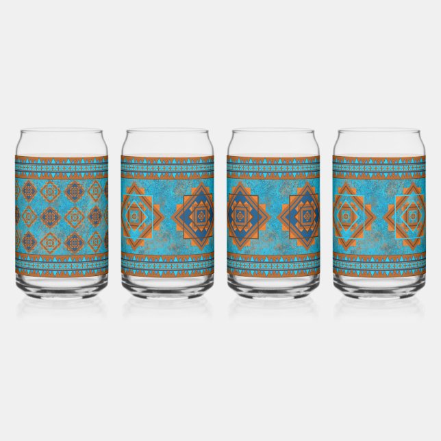 Southwest Mountain Peaks Turquoise Assorted Set Can Glass (Front)