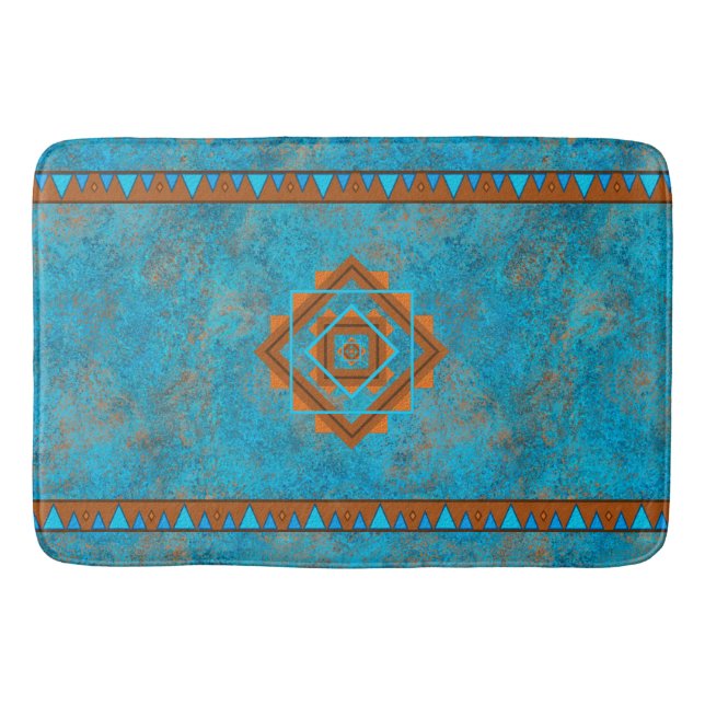 Southwest Mountain Peaks Turquoise Geometric Bath Mat (Front)
