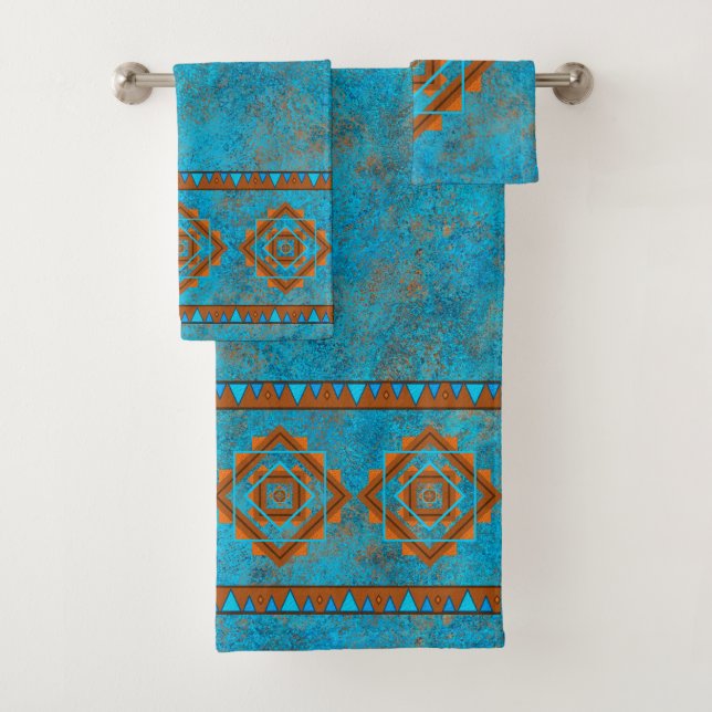 Southwest Mountain Peaks Turquoise Geometric Bath Towel Set (Insitu)
