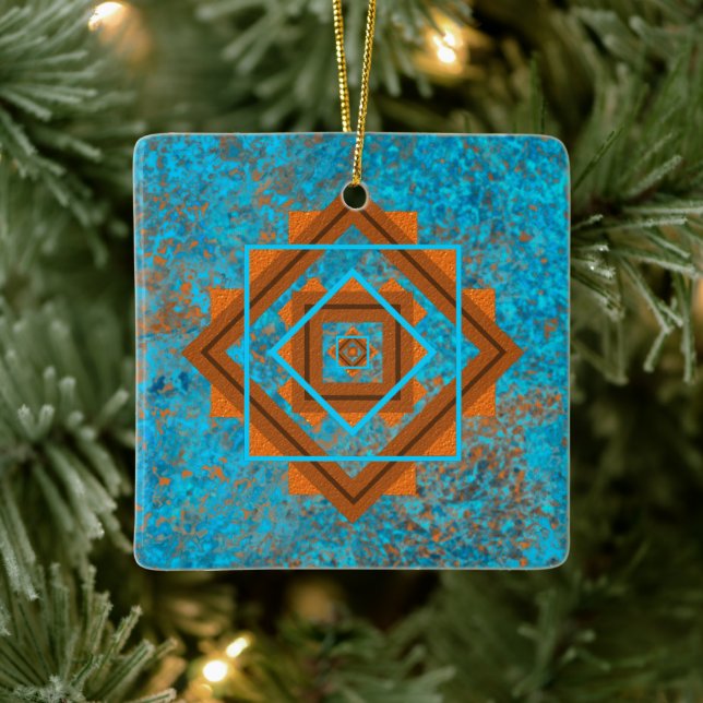 Southwest Mountain Peaks Turquoise Geometric Ceramic Ornament (Tree)