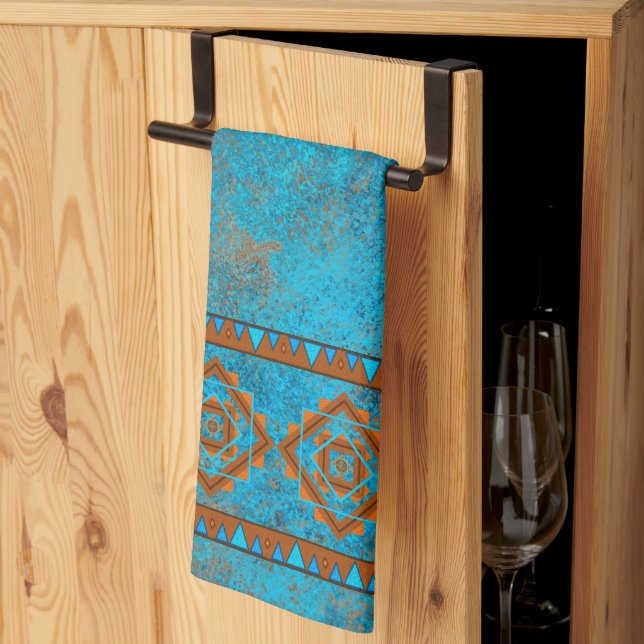 Southwest Mountain Peaks Turquoise Geometric Kitchen Towel (Thirds Fold)