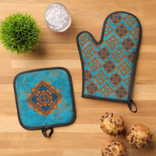 Southwest Mountain Peaks Turquoise Geometric  Oven Mitt & Pot Holder Set
