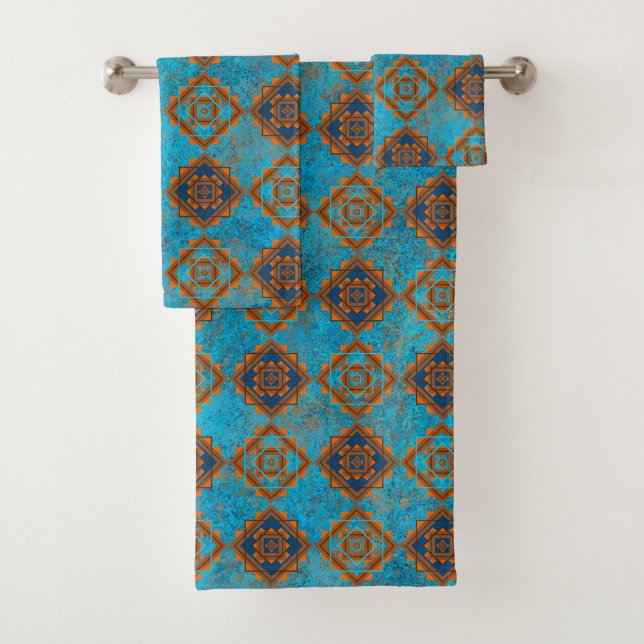 Southwest Mountain Peaks Turquoise Geometric Print Bath Towel Set (Insitu)