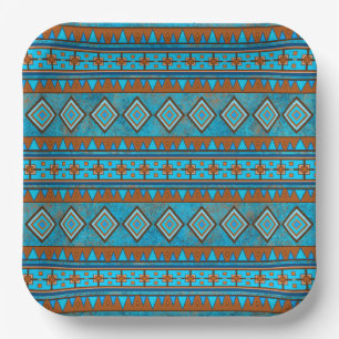 Southwest Mountain Peaks Turquoise Geometric Print Paper Plate