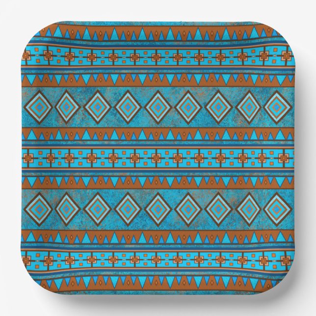 Southwest Mountain Peaks Turquoise Geometric Print Paper Plate (Front)