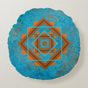 Southwest Mountain Peaks Turquoise Geometric Round Pillow