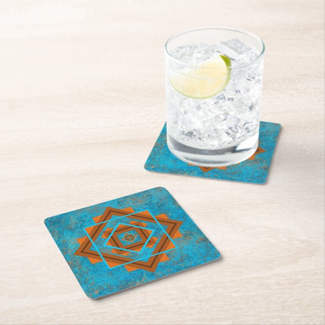 Southwest Mountain Peaks Turquoise Geometric Square Paper Coaster (Insitu)