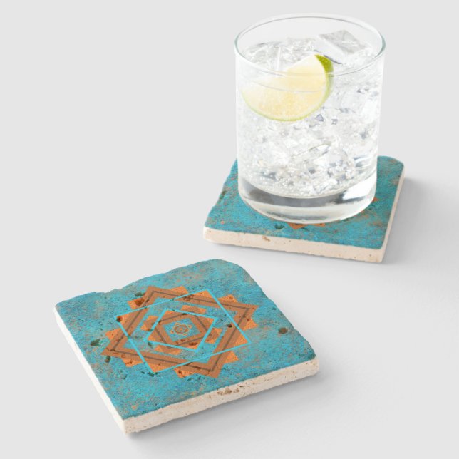 Southwest Mountain Peaks Turquoise Geometric Stone Coaster (Side)