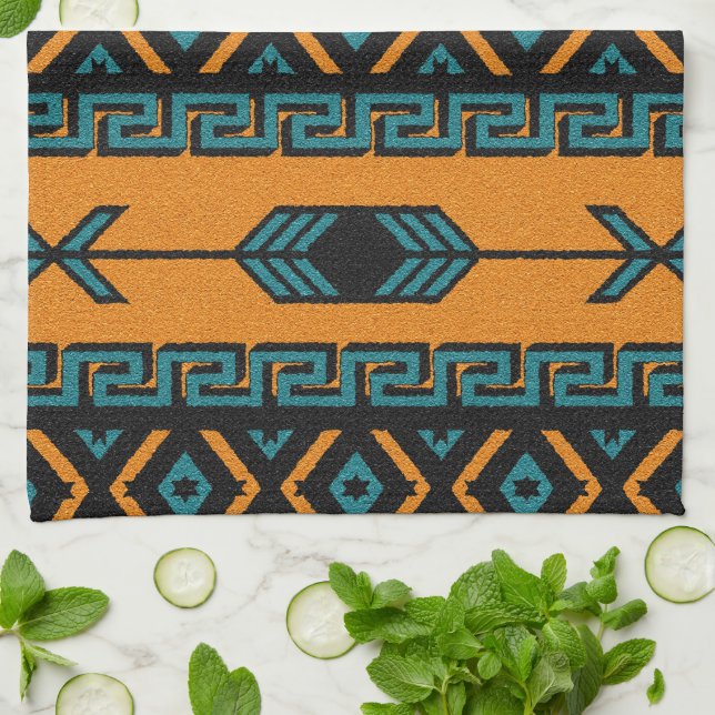 Southwest Orange And Turquoise Aztec Pattern Kitchen Towel (Folded)