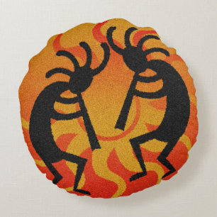 Southwest Orange Tribal Desert Sun Kokopelli Round Pillow