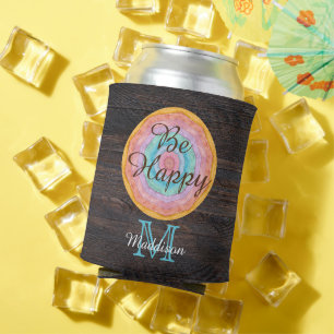 Southwest Pastel Rustic Wood Tone Grain Monogram   Can Cooler