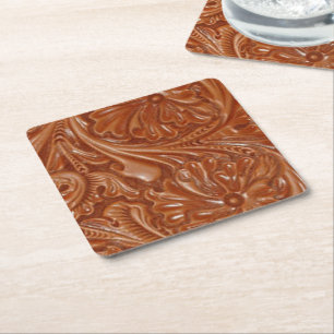 southwest pattern western country tooled leather square paper coaster