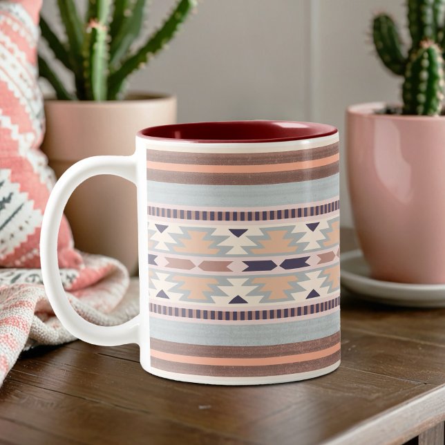 Southwest Peach Tribal Pattern Mug (Two-Tone Mug in Maroon)