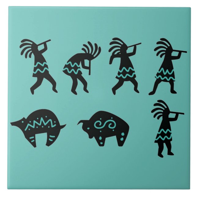 Southwest Petroglyh Turquoise Kokopelli Tile (Front)