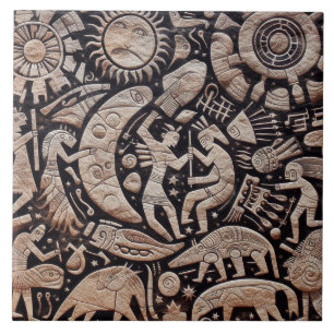 Southwest Petroglyph Design Animals Moon Dancing Tile