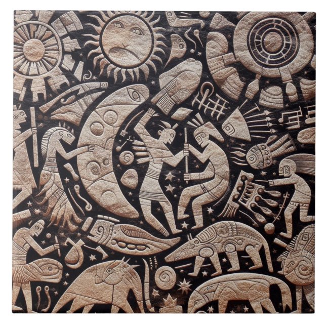 Southwest Petroglyph Design Animals Moon Dancing  Tile (Front)