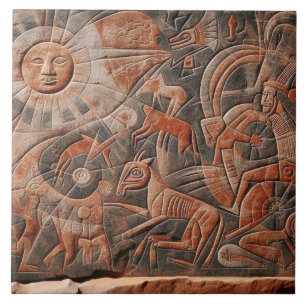 Southwest Petroglyph Design Animals Moon Dancing  Tile