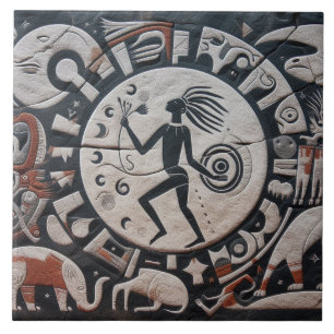 Southwest Petroglyph Design Animals Moon Dancing  Tile