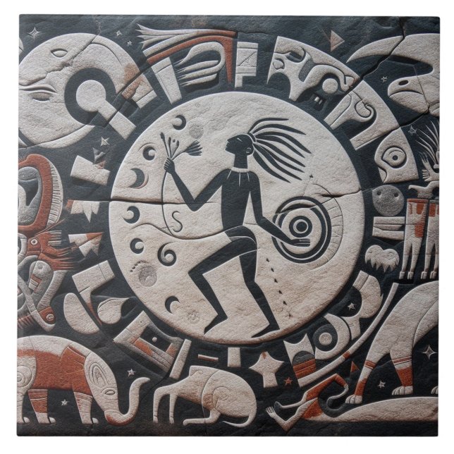Southwest Petroglyph Design Animals Moon Dancing  Tile (Front)