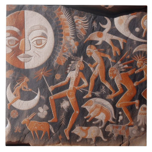 Southwest Petroglyph Design Animals Moon Dancing  Tile