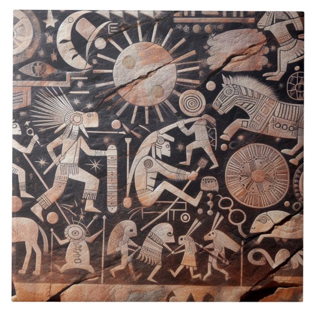 Southwest Petroglyph Design Animals Moon Dancing  Tile (Front)