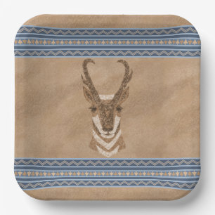 Southwest Pronghorn Antelope Head Blue Border Paper Plate