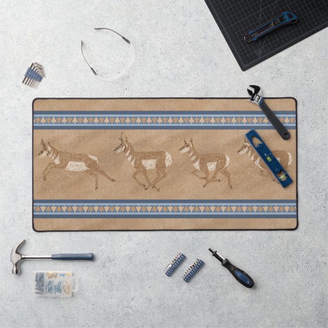 Southwest Pronghorn Antelope Herd Blue Border Desk Mat (Workstation)