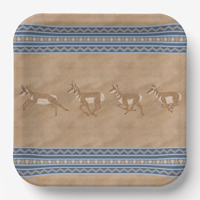 Southwest Pronghorn Antelope Herd Geometric Border Paper Plate (Front)