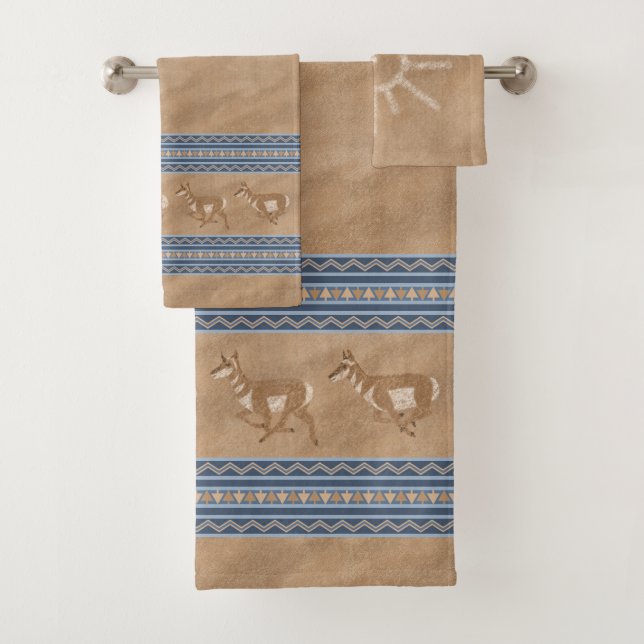 Southwest Pronghorn Antelopes Sun Icon Blue Border Bath Towel Set (Insitu)