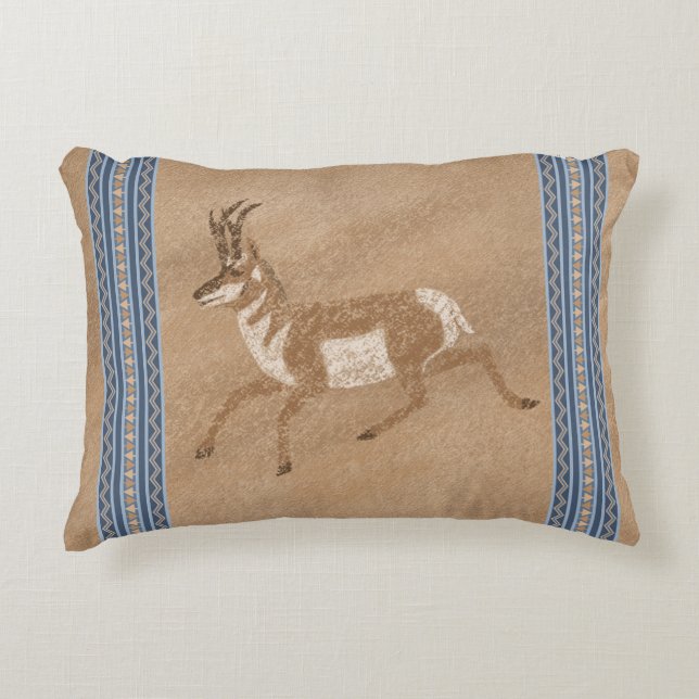 Southwest Pronghorn Running Antelope Blue Border Accent Pillow (Front)