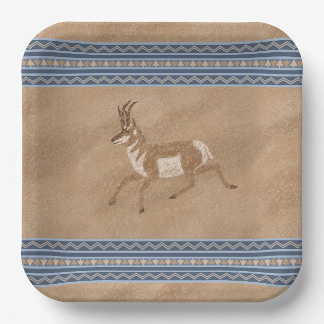 Southwest Pronghorn Running Antelope Blue Border Paper Plate (Front)