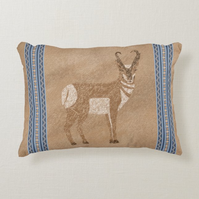 Southwest Pronghorn Standing Antelope Blue Border Accent Pillow (Front)