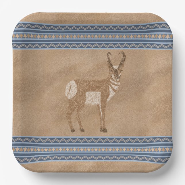 Southwest Pronghorn Standing Antelope Blue Border Paper Plate (Front)