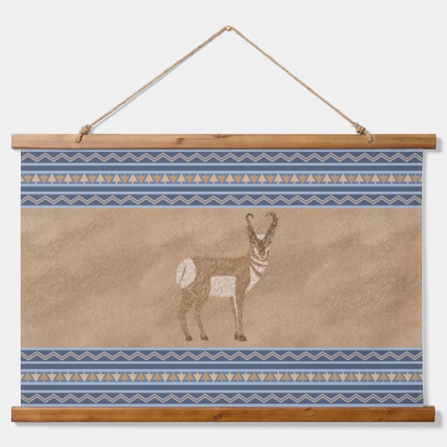 Southwest Pronghorn Standing Antelope Blue Borders Hanging Tapestry (Front)