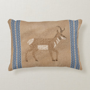 Southwest Pronghorn Walking Antelope Blue Border Accent Pillow