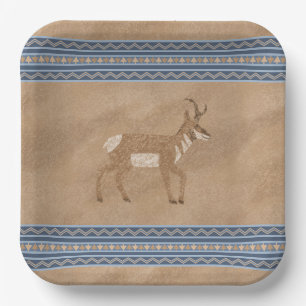 Southwest Pronghorn Walking Antelope Blue Border Paper Plate