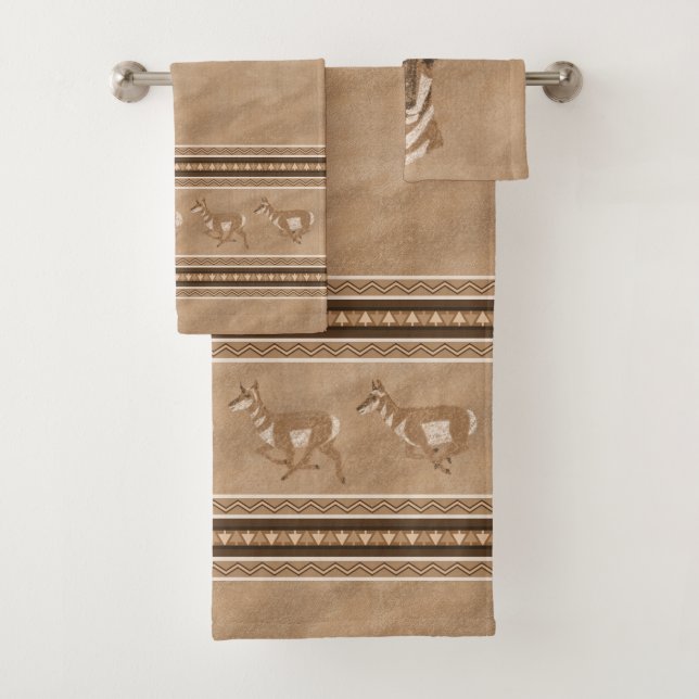 Southwest Pronghorns Antelope Face Brown Border Bath Towel Set (Insitu)